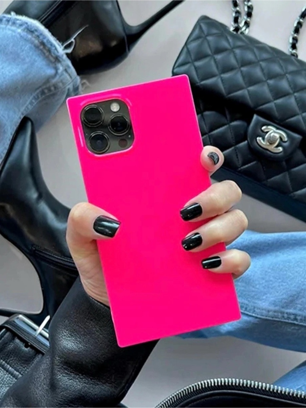 FLAUNT Square I Phone 16 plus cell phone Case NEON PINK